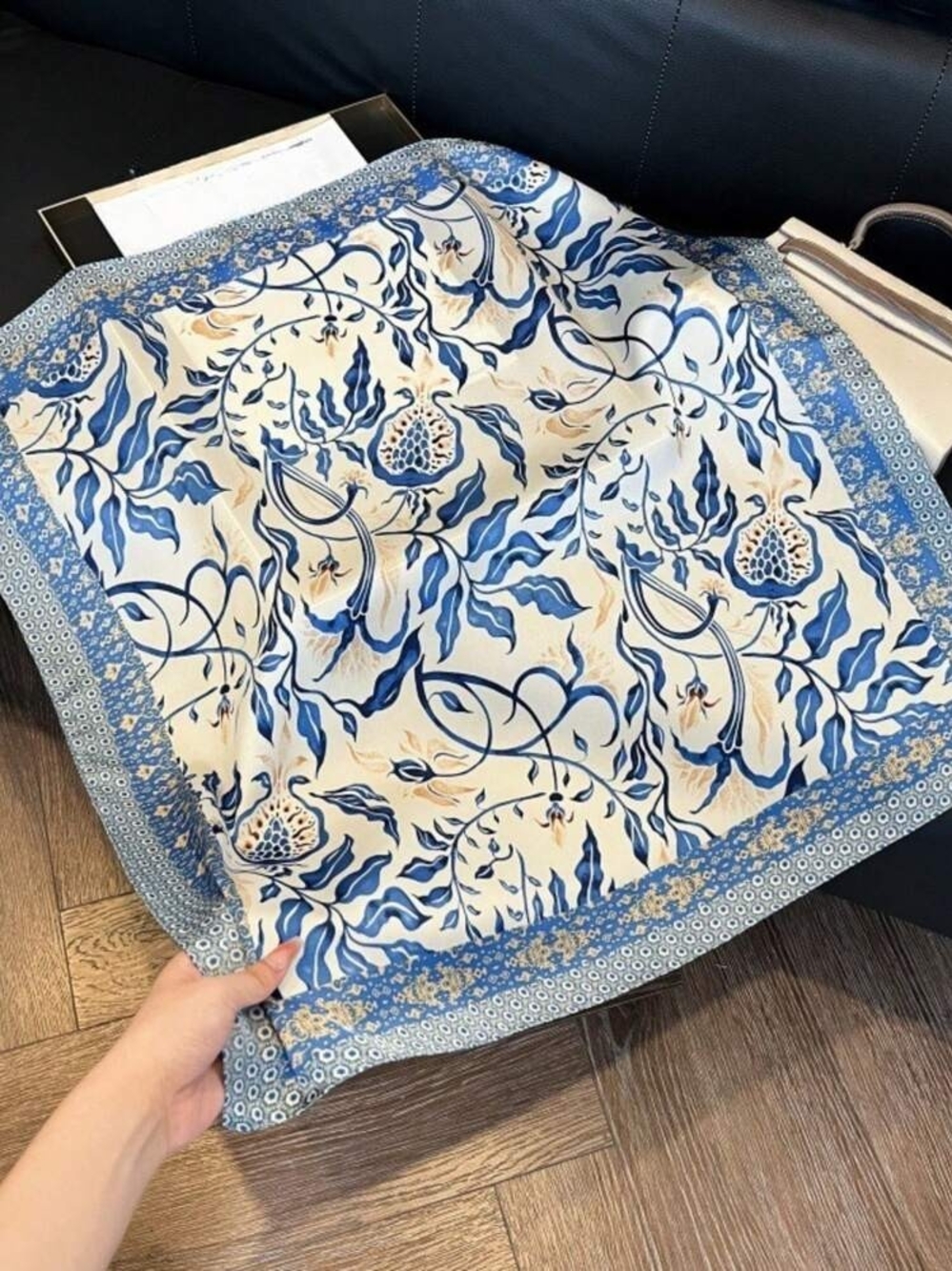 Silk-feel Blue and Cream Floral Silk Scarf -